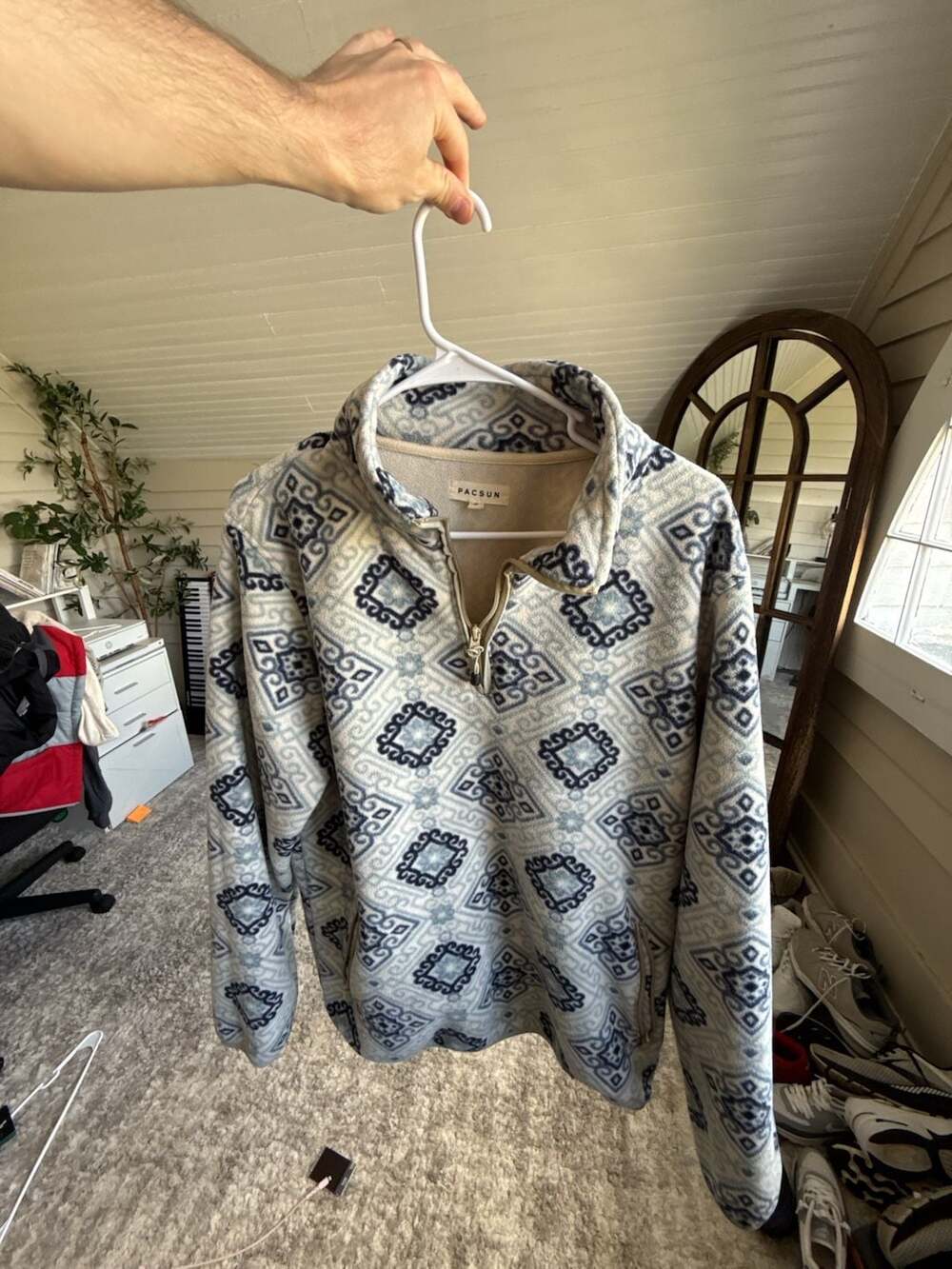 Pacsun Blue White Retro Aztec Print Fleece 1/4 Zip Pullover Jacket Medium